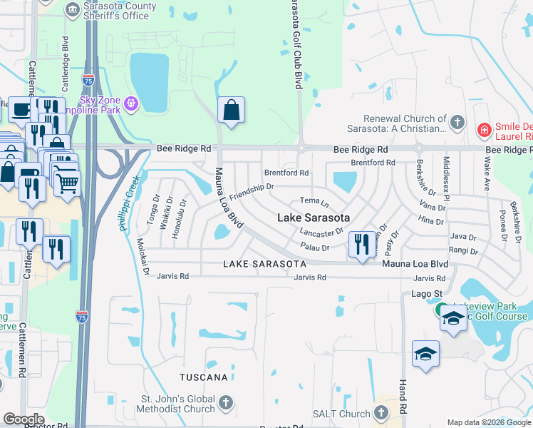 map of restaurants, bars, coffee shops, grocery stores, and more near 4148 Lancaster Drive in Sarasota
