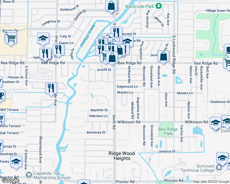map of restaurants, bars, coffee shops, grocery stores, and more near 2824 Edgewood Lane in Sarasota