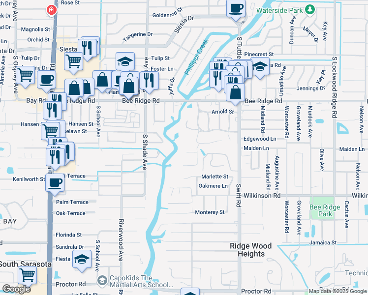 map of restaurants, bars, coffee shops, grocery stores, and more near 4118 Windemere Place in Sarasota