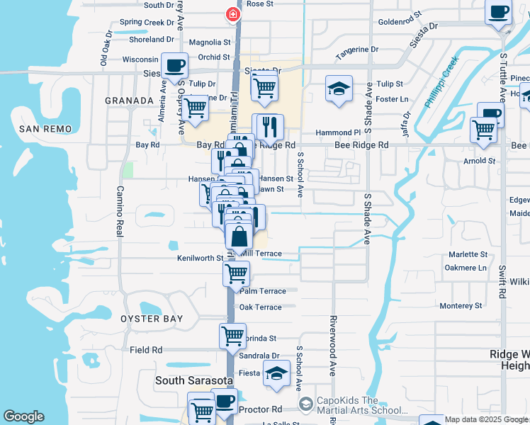 map of restaurants, bars, coffee shops, grocery stores, and more near 2055 Olentary Street in Sarasota