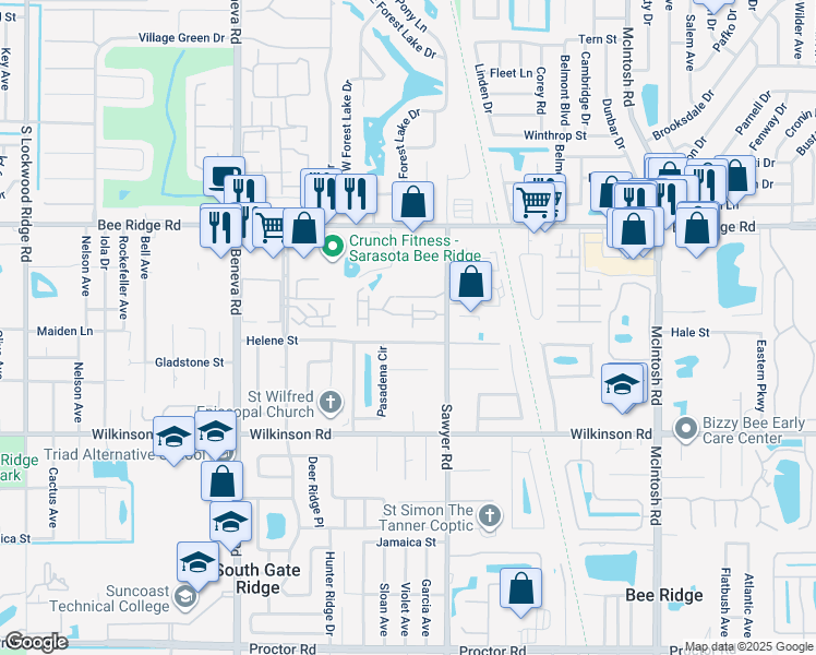 map of restaurants, bars, coffee shops, grocery stores, and more near 4112 Crabtree Avenue in Sarasota