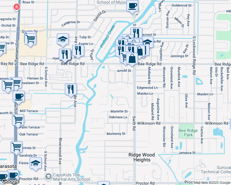 map of restaurants, bars, coffee shops, grocery stores, and more near 2646 Bryce Lane in Sarasota