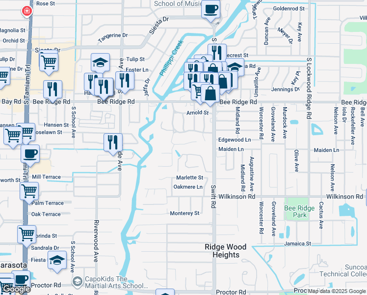 map of restaurants, bars, coffee shops, grocery stores, and more near 2646 Bryce Lane in Sarasota