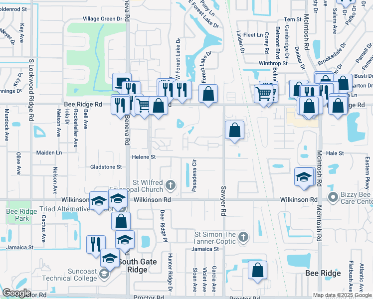 map of restaurants, bars, coffee shops, grocery stores, and more near 3792 Mahony Lane in Sarasota