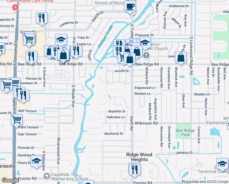 map of restaurants, bars, coffee shops, grocery stores, and more near 2646 Bryce Lane in Sarasota