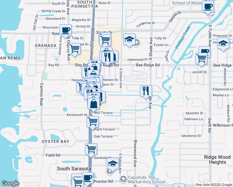 map of restaurants, bars, coffee shops, grocery stores, and more near 2126 Olentary Street in Sarasota