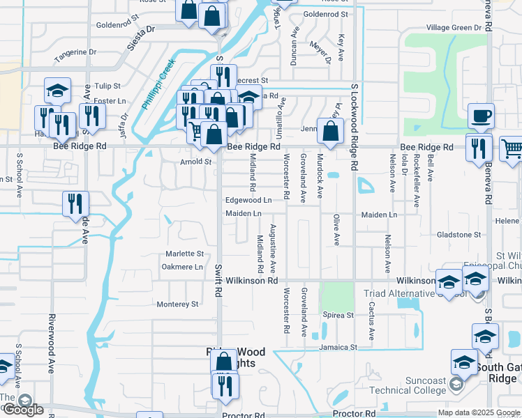 map of restaurants, bars, coffee shops, grocery stores, and more near 2902 Edgewood Lane in Sarasota