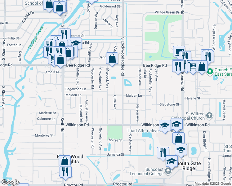 map of restaurants, bars, coffee shops, grocery stores, and more near 3135 Maiden Lane in Sarasota
