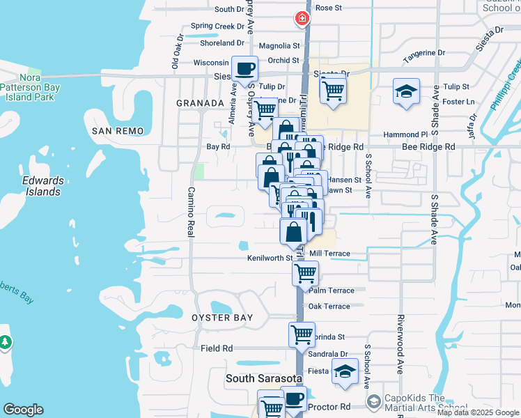 map of restaurants, bars, coffee shops, grocery stores, and more near 1819 Glengary Street in Sarasota