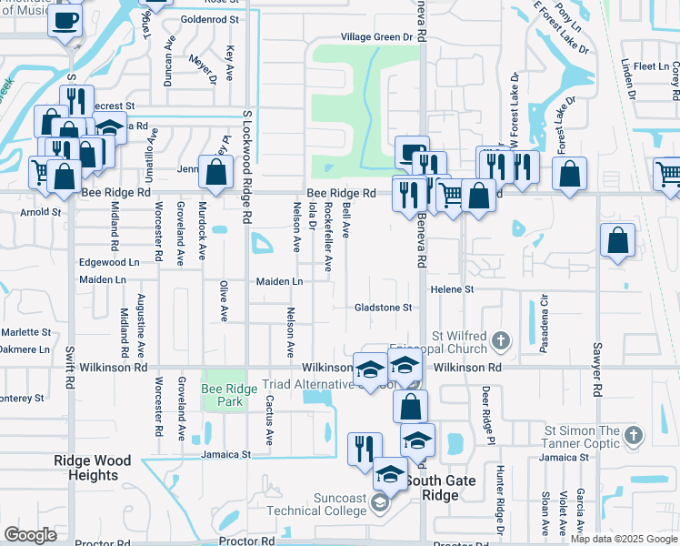 map of restaurants, bars, coffee shops, grocery stores, and more near 4110 Bell Avenue in Sarasota