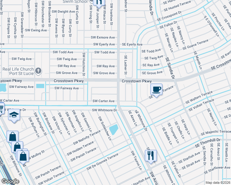 map of restaurants, bars, coffee shops, grocery stores, and more near 117 Southwest Fairview Avenue in Port St. Lucie