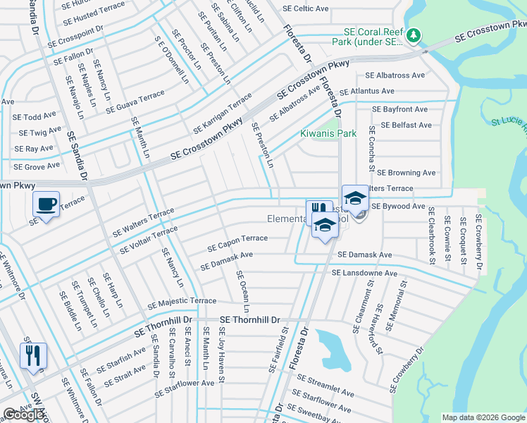map of restaurants, bars, coffee shops, grocery stores, and more near 698 Southeast Voltair Terrace in Port St. Lucie