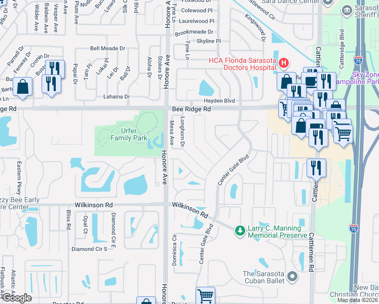 map of restaurants, bars, coffee shops, grocery stores, and more near 4041 Longhorn Drive in Sarasota