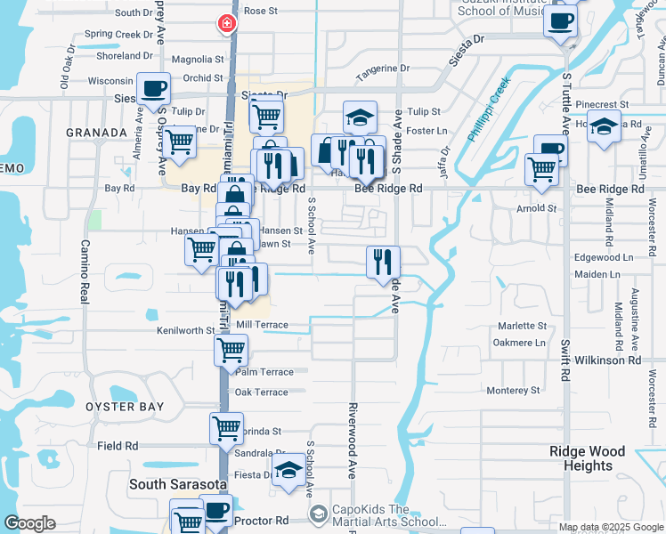 map of restaurants, bars, coffee shops, grocery stores, and more near 2272 Roselawn Circle in Sarasota