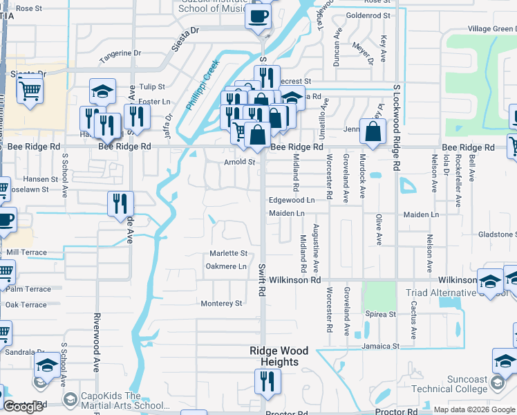 map of restaurants, bars, coffee shops, grocery stores, and more near 4045 Lisbon Place in Sarasota