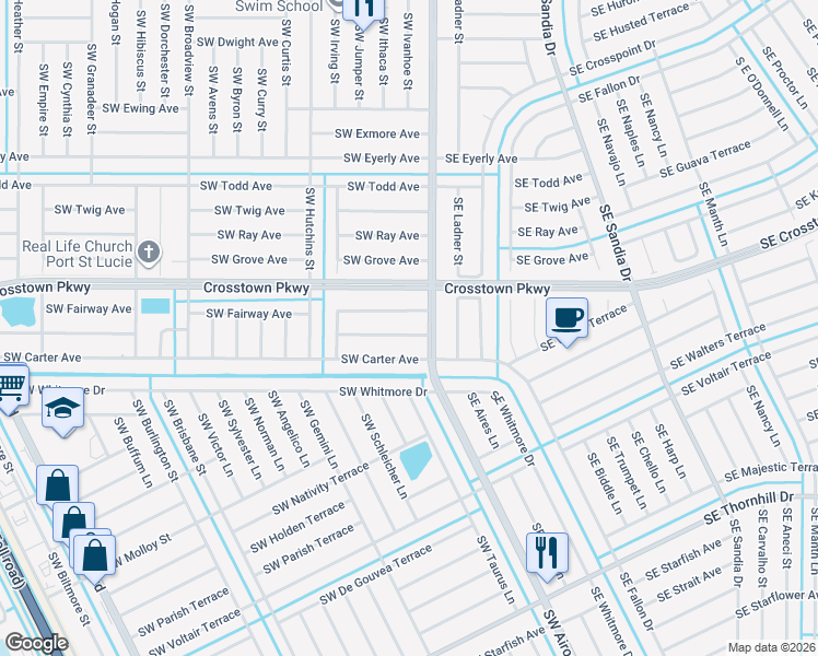map of restaurants, bars, coffee shops, grocery stores, and more near 117 Southwest Fairview Avenue in Port St. Lucie