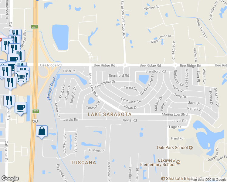 map of restaurants, bars, coffee shops, grocery stores, and more near 4148 Lancaster Drive in Sarasota