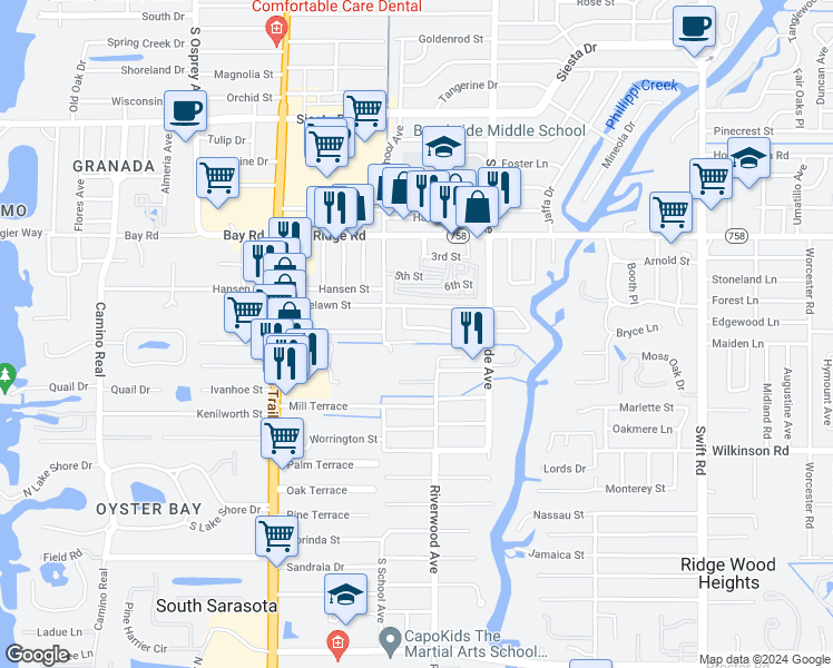 map of restaurants, bars, coffee shops, grocery stores, and more near 2284 Roselawn Circle in Sarasota