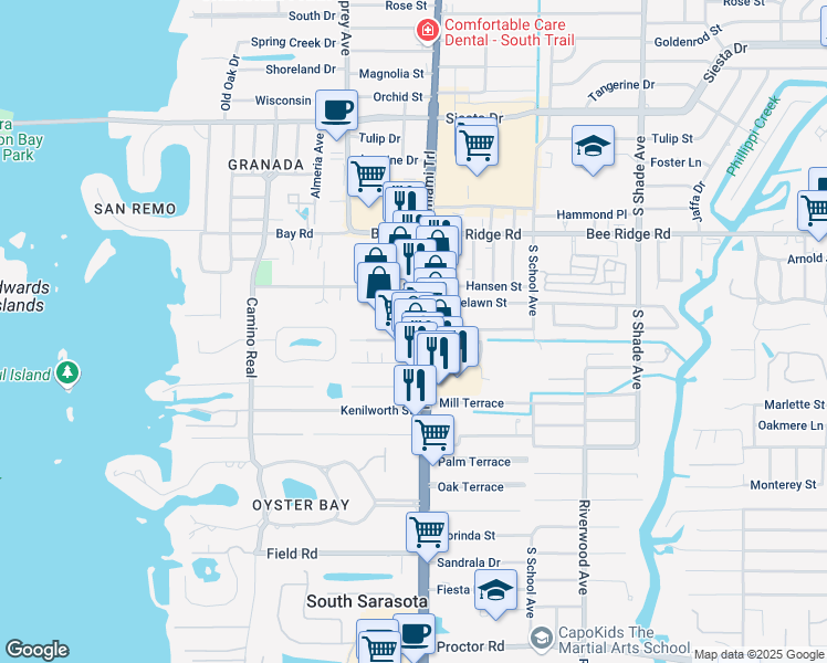 map of restaurants, bars, coffee shops, grocery stores, and more near 4034 South Tamiami Trail in Sarasota