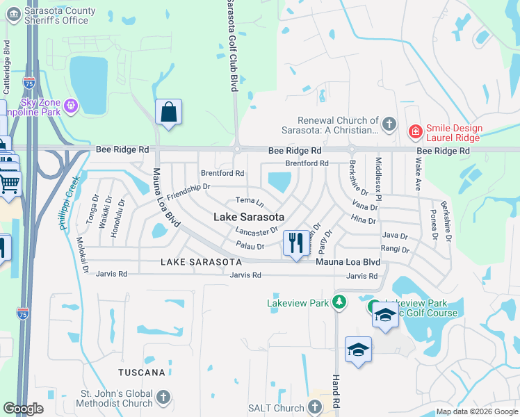 map of restaurants, bars, coffee shops, grocery stores, and more near 6920 Tema Lane in Sarasota