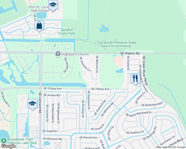 map of restaurants, bars, coffee shops, grocery stores, and more near 1537 Southeast Arenson Lane in Port St. Lucie