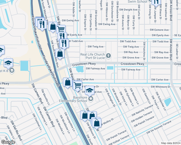 map of restaurants, bars, coffee shops, grocery stores, and more near 581 Southwest Fairview Avenue in Port St. Lucie