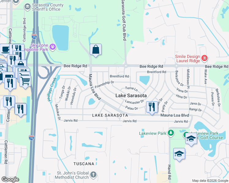 map of restaurants, bars, coffee shops, grocery stores, and more near 4148 Lancaster Drive in Sarasota