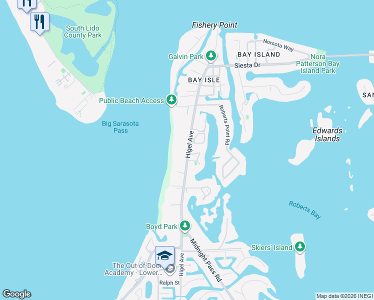 map of restaurants, bars, coffee shops, grocery stores, and more near 4067 Higel Avenue in Siesta Key
