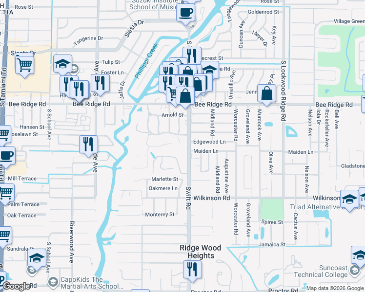 map of restaurants, bars, coffee shops, grocery stores, and more near 4045 Lisbon Place in Sarasota