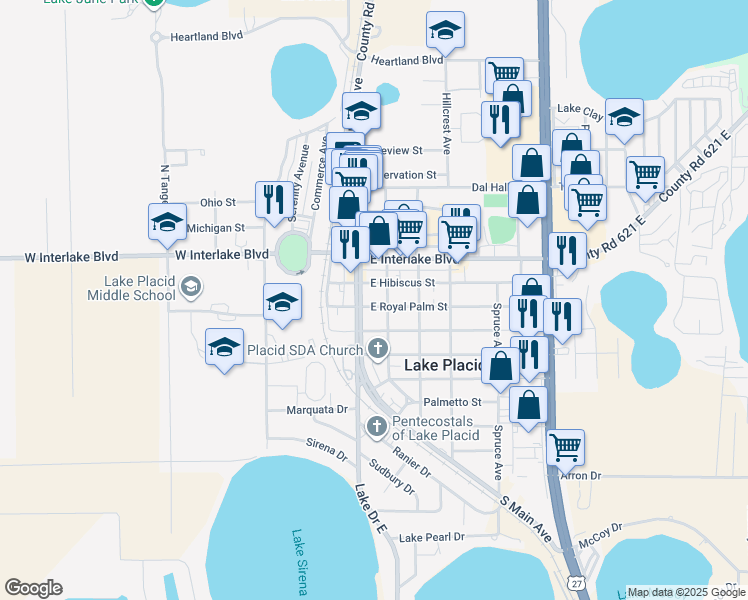 map of restaurants, bars, coffee shops, grocery stores, and more near 15 East Royal Palm Street in Lake Placid