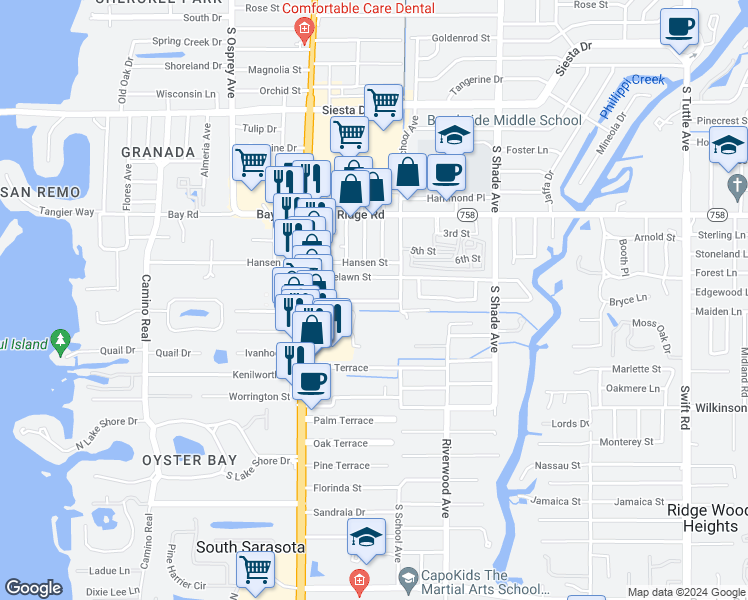 map of restaurants, bars, coffee shops, grocery stores, and more near 2126 Olentary Street in Sarasota
