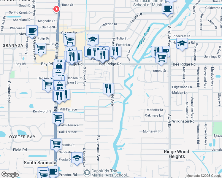 map of restaurants, bars, coffee shops, grocery stores, and more near 4054 South Shade Avenue in Sarasota