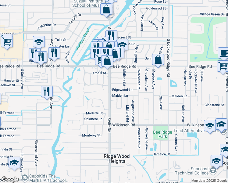map of restaurants, bars, coffee shops, grocery stores, and more near 2824 Edgewood Lane in Sarasota