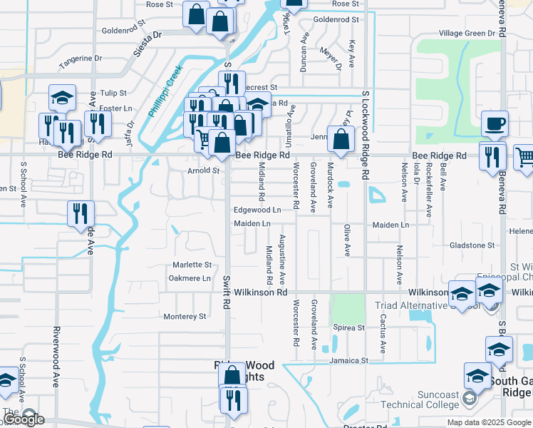 map of restaurants, bars, coffee shops, grocery stores, and more near 2902 Edgewood Lane in Sarasota