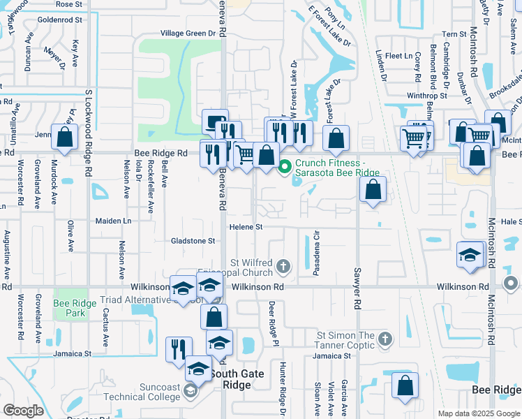 map of restaurants, bars, coffee shops, grocery stores, and more near 4085 Maceachen Boulevard in Sarasota