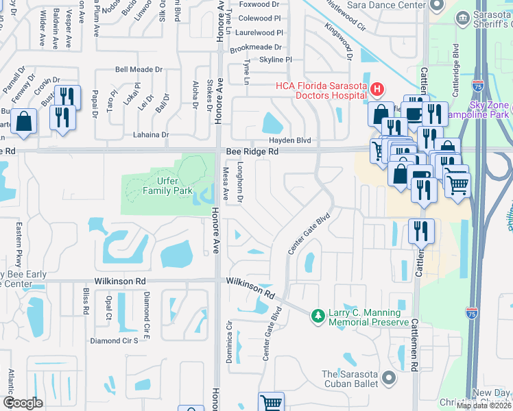 map of restaurants, bars, coffee shops, grocery stores, and more near 4041 Longhorn Dr in Sarasota