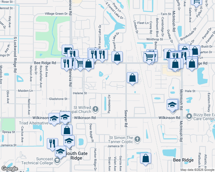 map of restaurants, bars, coffee shops, grocery stores, and more near 3792 Mahony Lane in Sarasota