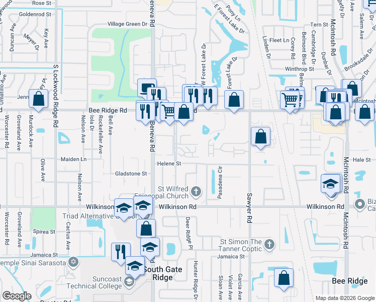 map of restaurants, bars, coffee shops, grocery stores, and more near 4055 Maceachen Boulevard in Sarasota
