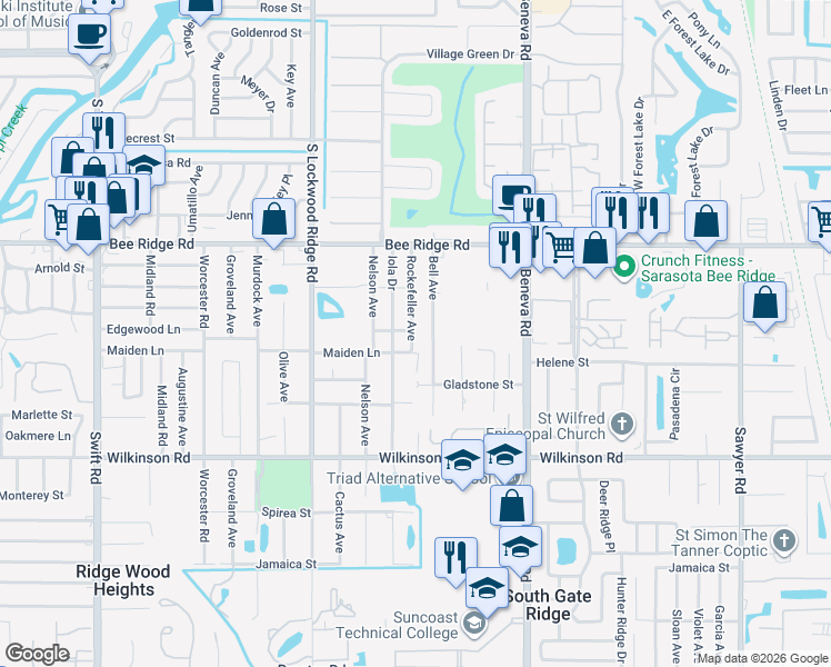 map of restaurants, bars, coffee shops, grocery stores, and more near 4110 Bell Avenue in Sarasota