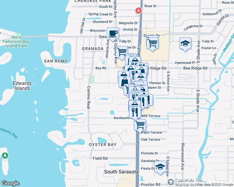 map of restaurants, bars, coffee shops, grocery stores, and more near 1819 Glengary Street in Sarasota