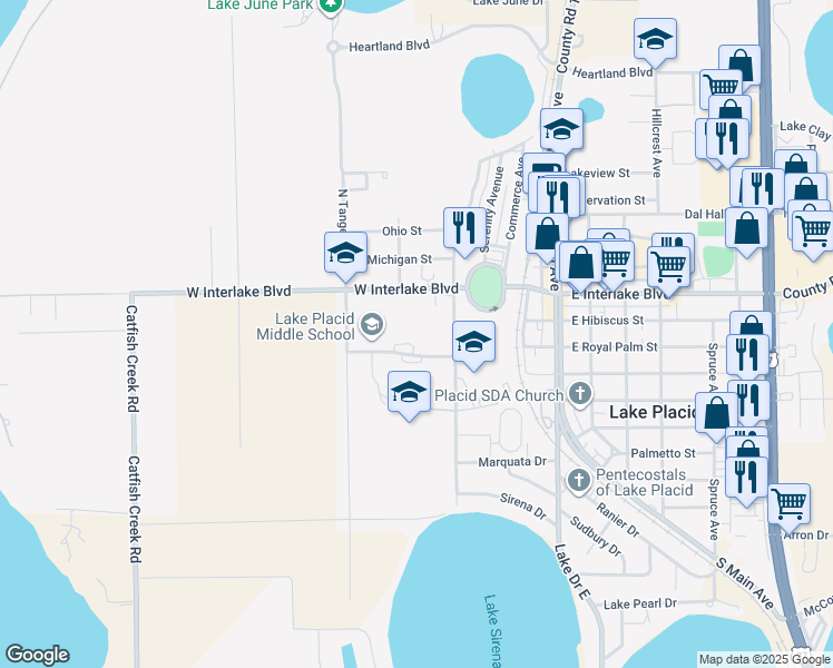 map of restaurants, bars, coffee shops, grocery stores, and more near 201 South Tangerine Drive in Lake Placid