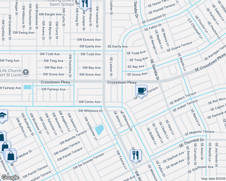 map of restaurants, bars, coffee shops, grocery stores, and more near 1562 Southeast Ladner Street in Port St. Lucie