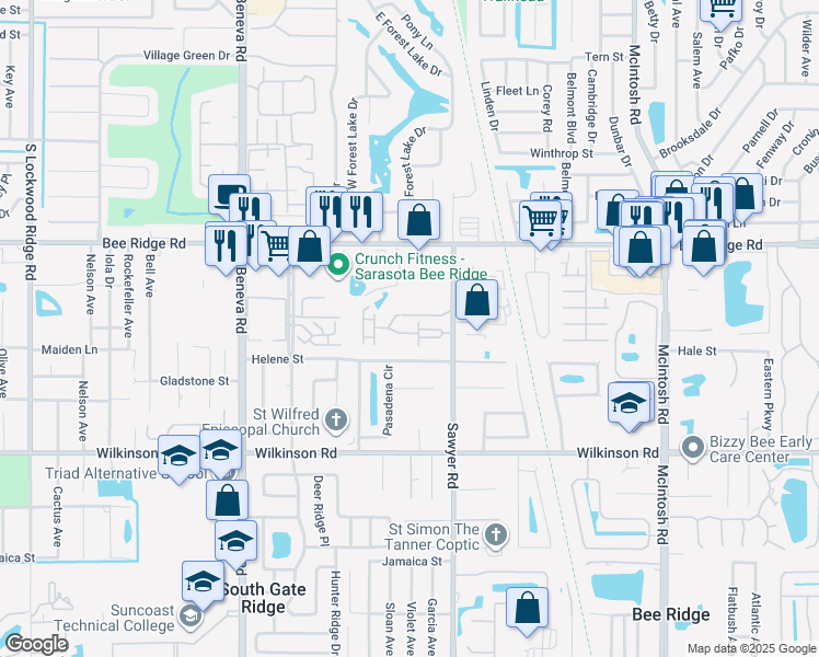 map of restaurants, bars, coffee shops, grocery stores, and more near 3852 Virga Boulevard in Sarasota