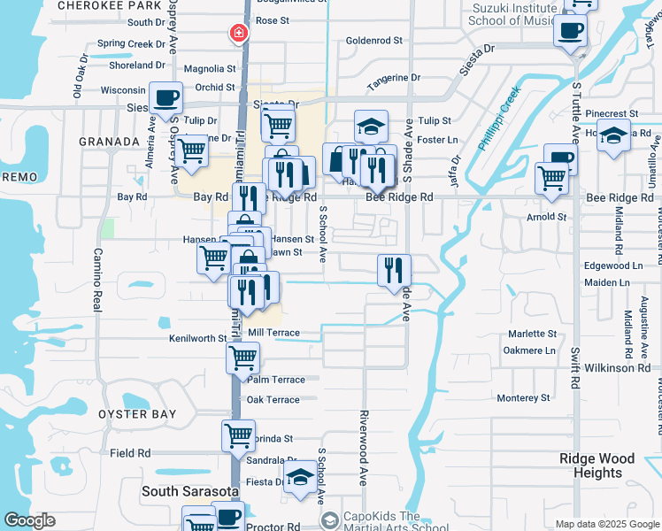 map of restaurants, bars, coffee shops, grocery stores, and more near 2272 Roselawn Circle in Sarasota