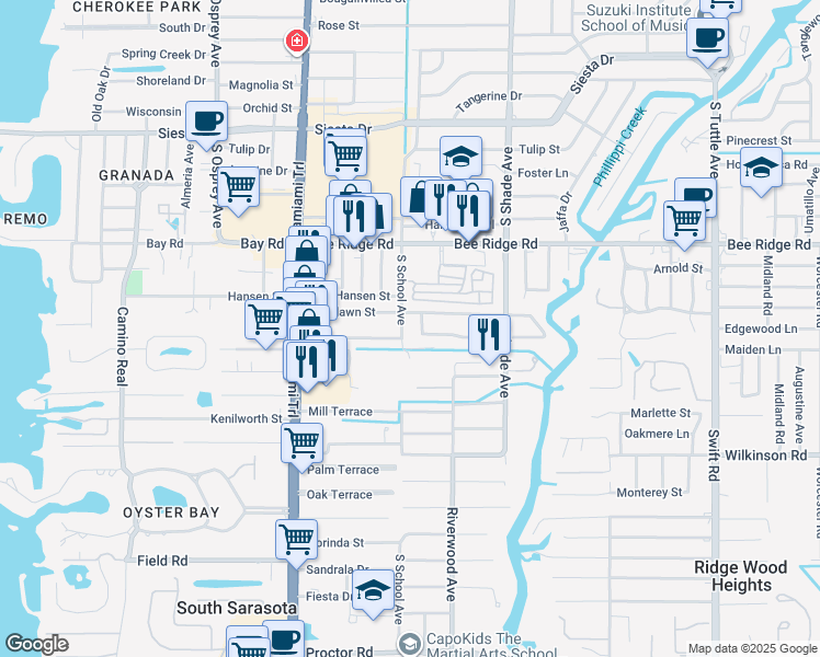 map of restaurants, bars, coffee shops, grocery stores, and more near 2272 Roselawn Circle in Sarasota