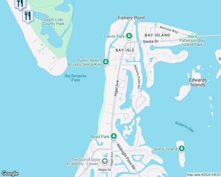 map of restaurants, bars, coffee shops, grocery stores, and more near 4067 Higel Avenue in Siesta Key