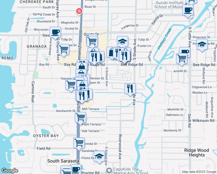 map of restaurants, bars, coffee shops, grocery stores, and more near 4035 South School Avenue in Sarasota
