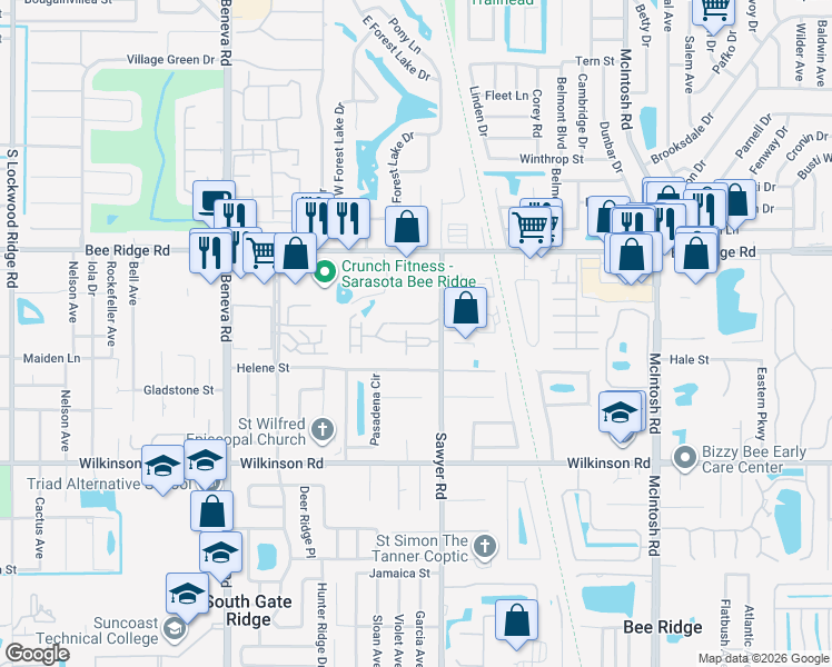 map of restaurants, bars, coffee shops, grocery stores, and more near 3939 Yellowstone Circle in Sarasota
