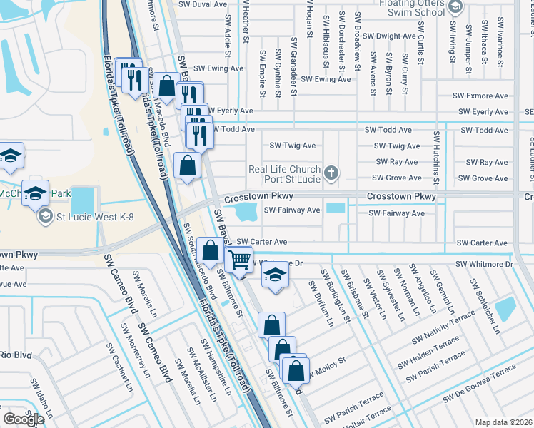map of restaurants, bars, coffee shops, grocery stores, and more near 581 Southwest Fairview Avenue in Port St. Lucie