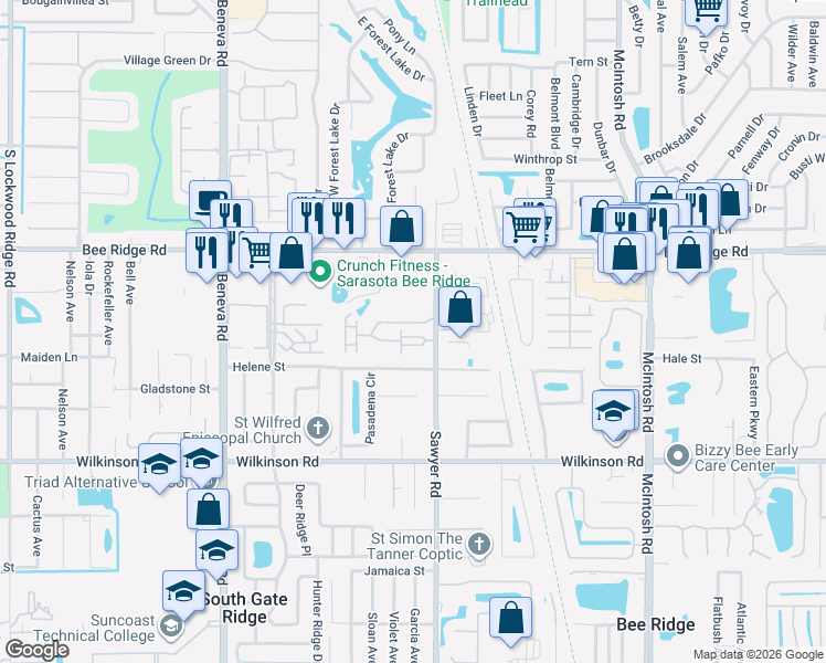 map of restaurants, bars, coffee shops, grocery stores, and more near 3941 Yellowstone Circle in Sarasota